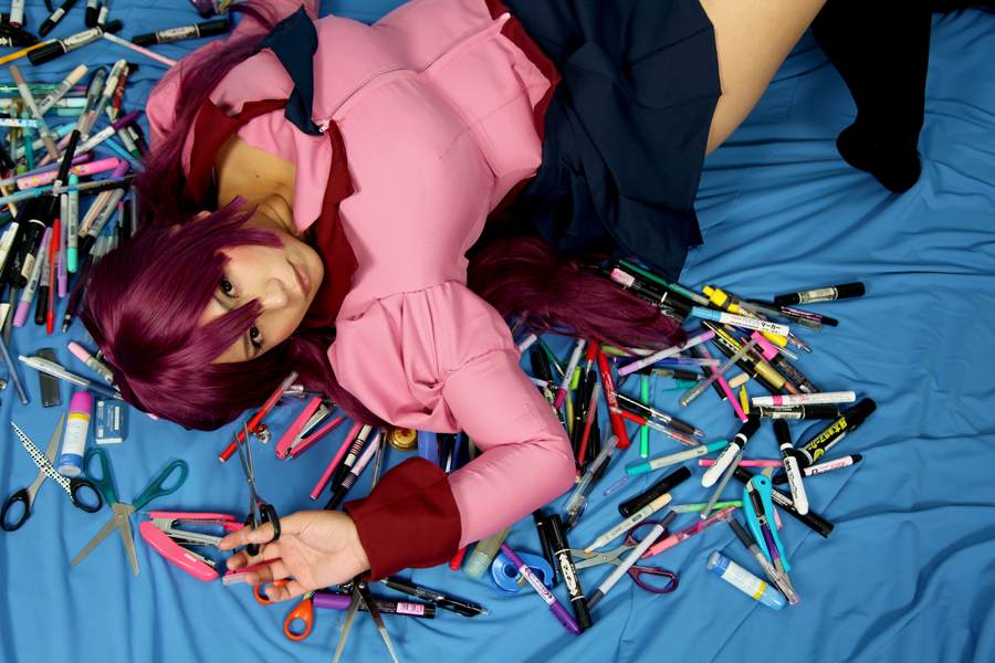 asian breasts chouzuki_maryou cosplay female huge_breasts long_hair purple_hair skirt socks solo