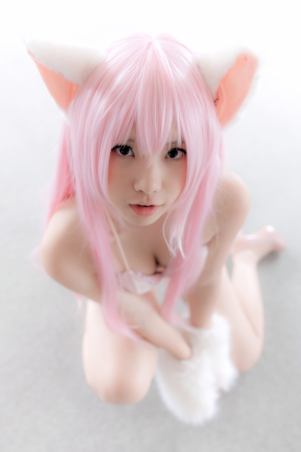 animal_ears asian breasts cosplay enako female long_hair pink_hair solo