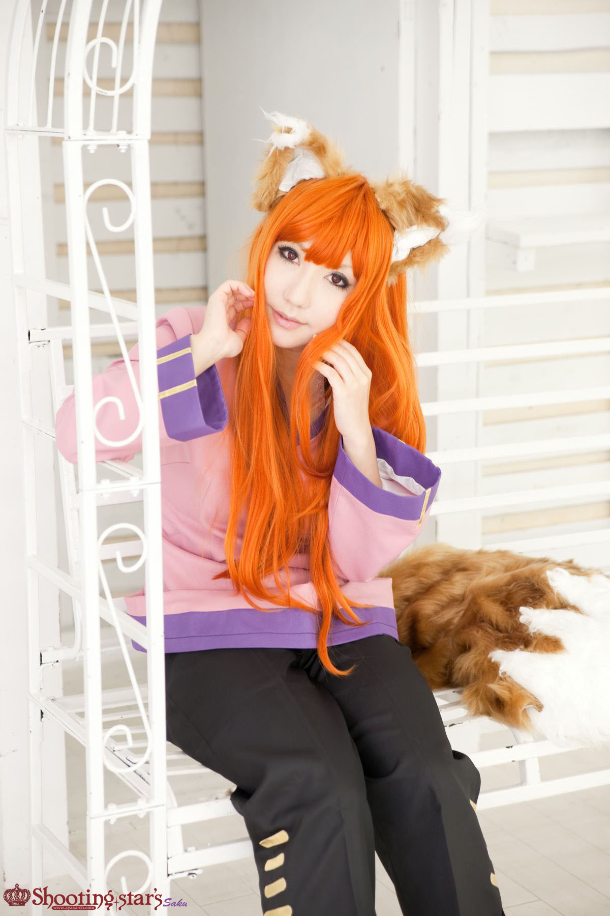 animal_ears asian breasts cosplay female long_hair orange_hair shooting_star solo watermark