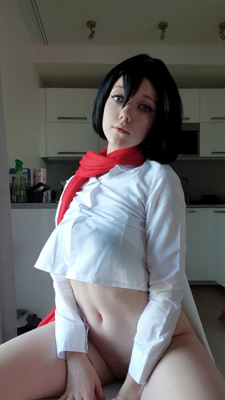 attack_on_titan cosplay elles ellesclub mikasa_ackerman nude_female scarf shingeki_no_kyojin tagme