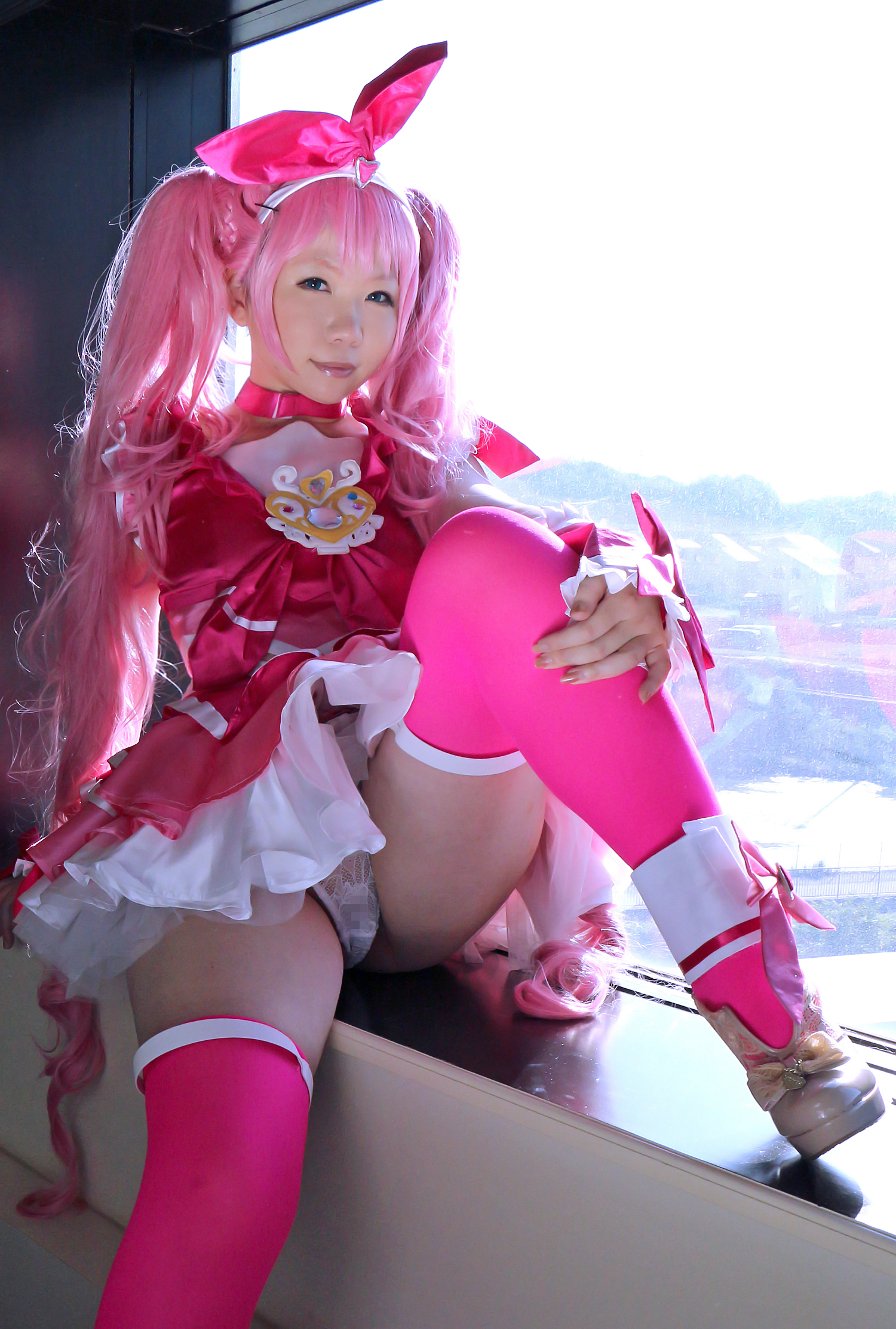 asian breasts cosplay female high_heels long_hair midriff pink_hair shoes skirt solo thighhighs twintails