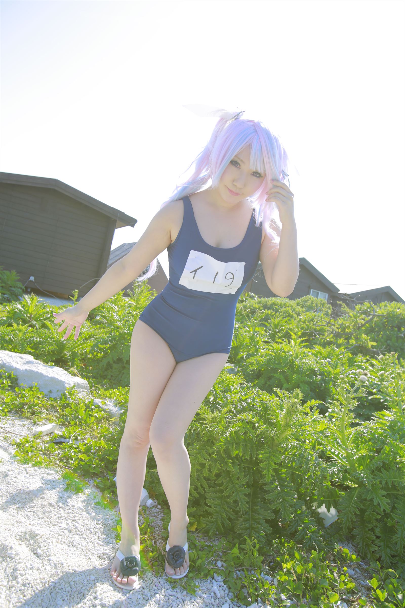 1girl asian blonde_hair breasts cosplay female flip_flops i-19_(kantai_collection) kantai_collection large_breasts long_hair outdoors sandals school_swimsuit shooting_star solo swimsuit