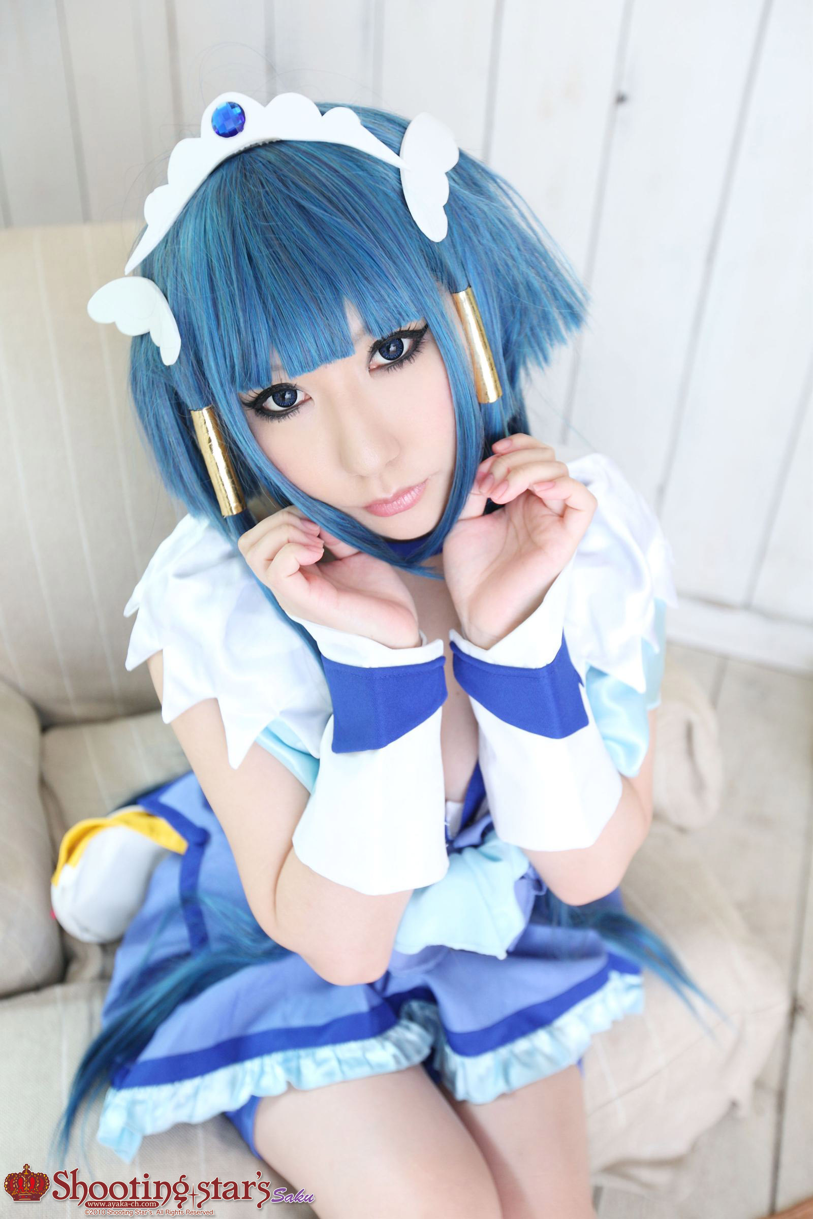 asian blue_hair boots breasts cleavage cosplay dress female high_heels long_hair precure shooting_star solo watermark
