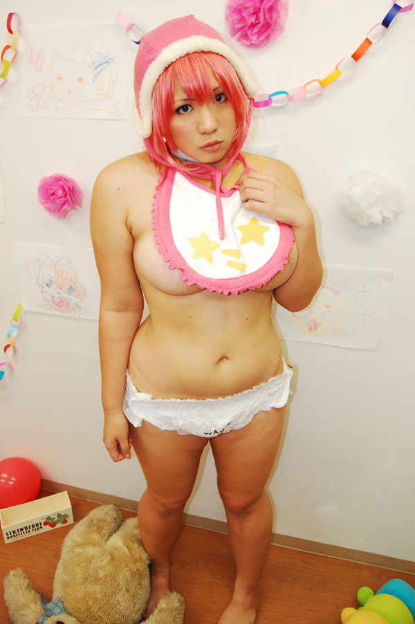 1girl asian breasts chouzuki_maryou diaper female huge_breasts pink_hair shoes short_hair skirt socks solo watermark