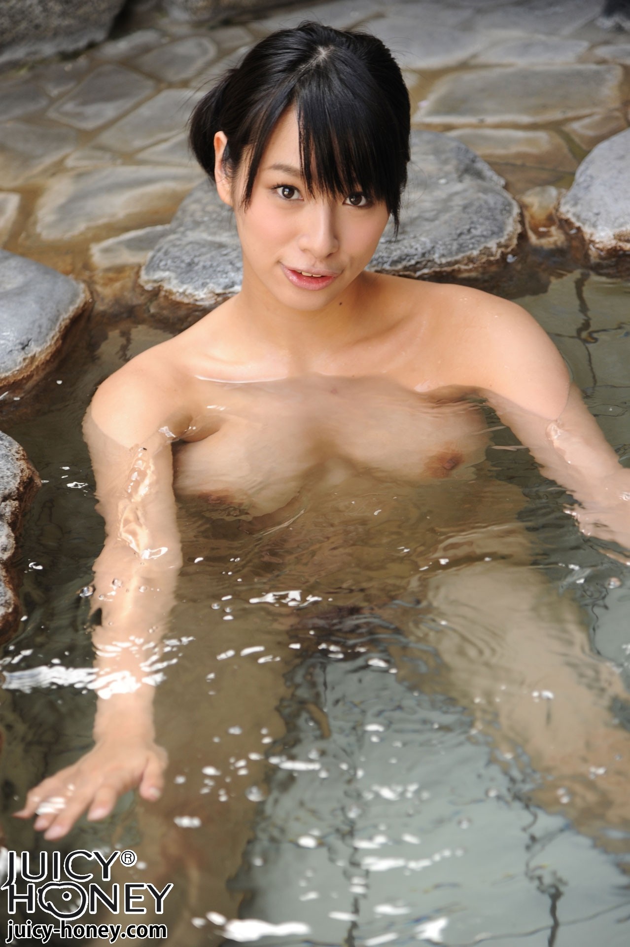 asian black_hair full_lips hana_haruna in_water large_breasts nude sitting