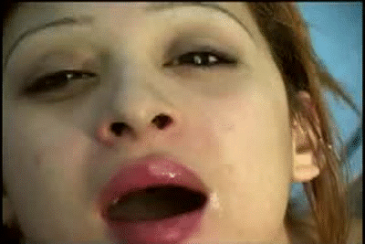 animated asian bondage brown_eyes brown_hair collar cum cum_in_mouth female gif leash lipstick short_hair solo swallowing