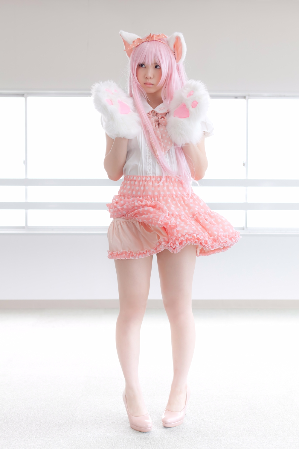 animal_ears asian breasts cosplay enako female long_hair pink_hair solo