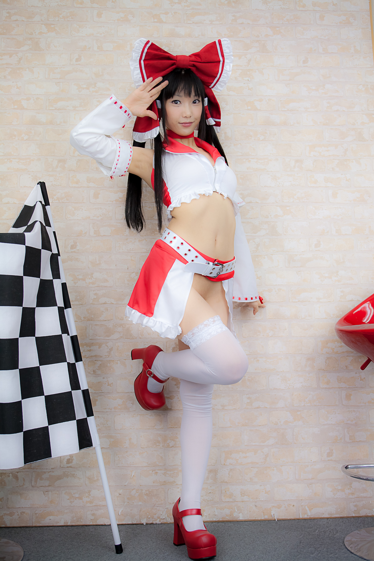 asian belt black_hair breasts cosplay female high_heels long_hair midriff shoes solo thighhighs