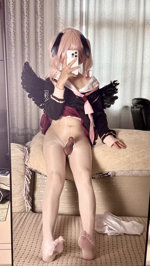 1boy asian bed bedroom blue_archive bottomless breasts chinese completely_nude cosplay crossdresser erection feet femboy feminine hands_on_hips hat kiyu_sorya koharu_(blue_archive) long_hair male male_focus male_only male_solo mirror nipples nude on_bed pantyhose penis petite phone pink_hair reflection selfie sitting small_penis socks solo standing testicles topless trap uncircumcised