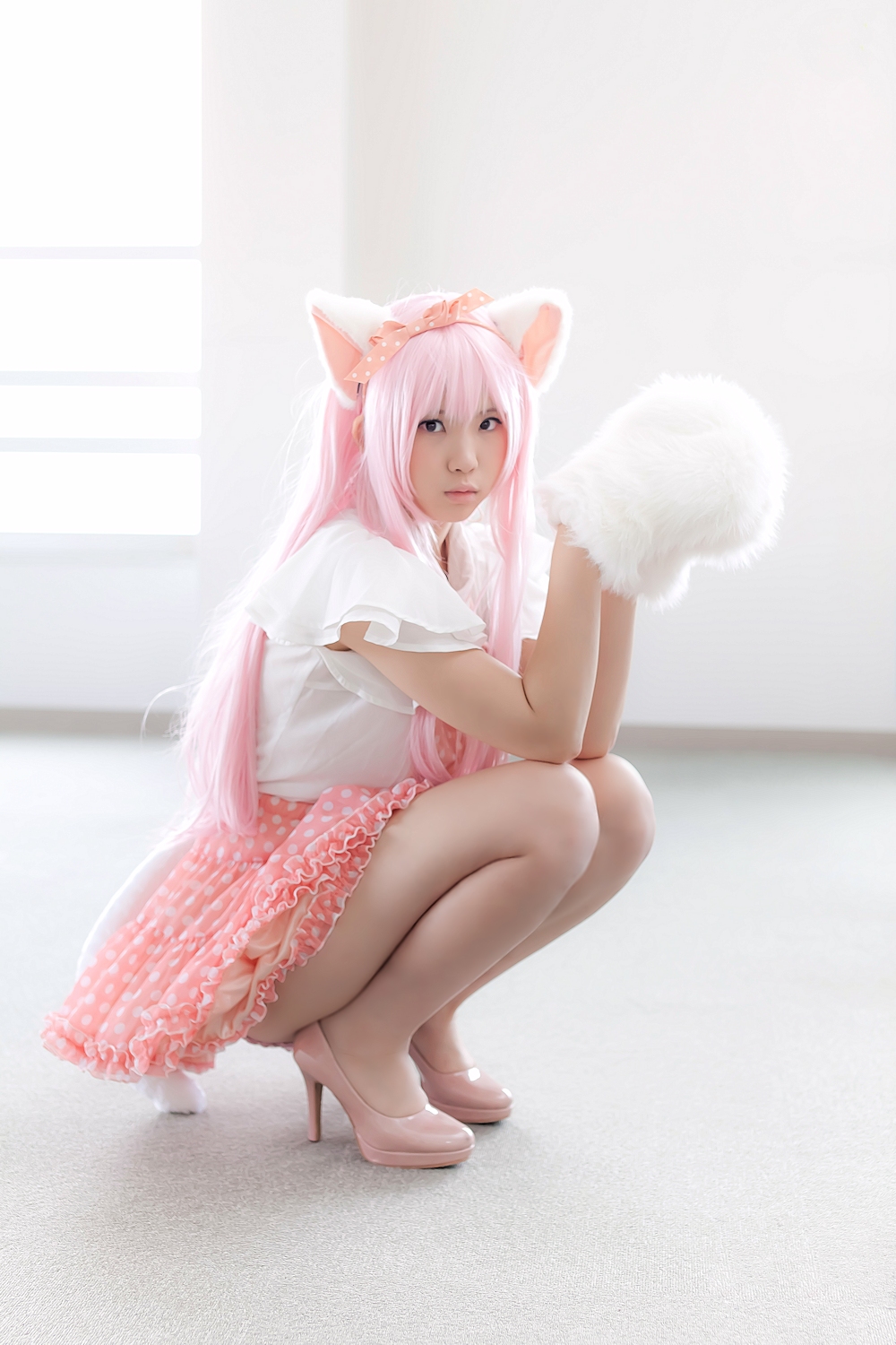 animal_ears asian breasts cosplay enako female long_hair pink_hair solo