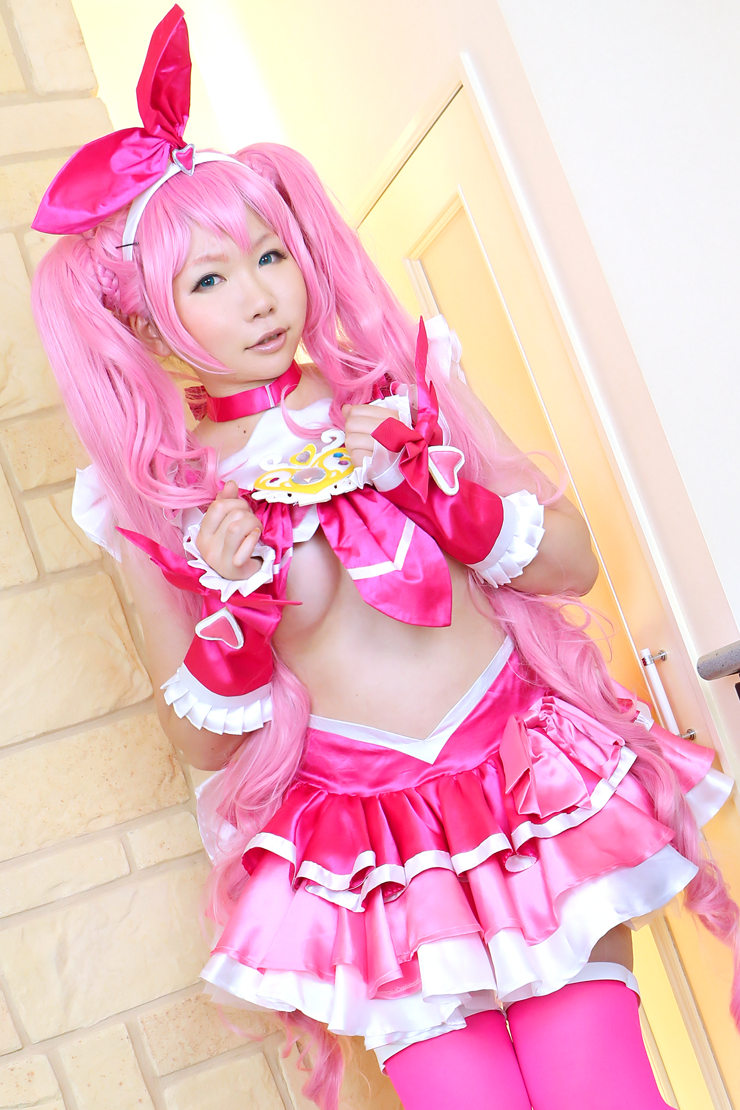 asian breasts cosplay female high_heels long_hair midriff pink_hair shoes skirt solo thighhighs twintails