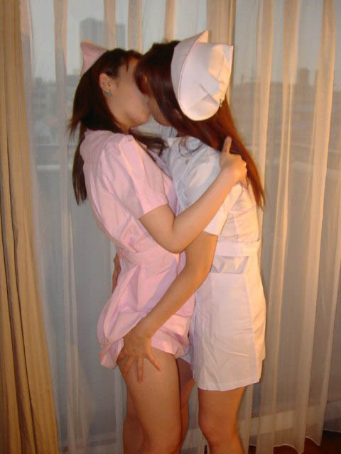 asian ass ass_grab female kissing lesbian multiple_girls nurse yuri