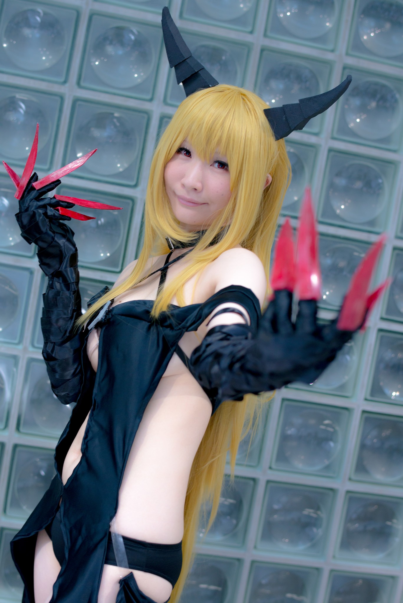 asian bare_shoulders blonde_hair breasts cleavage cosplay female gloves horns long_hair navel solo