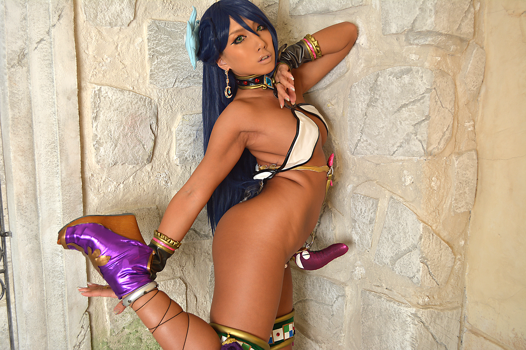 asian ass blue_hair breasts cosplay dark-skinned_female dark_skin dildo female large_breasts lingerie long_hair nonsummerjack queen's_blade skimpy skimpy_clothes solo
