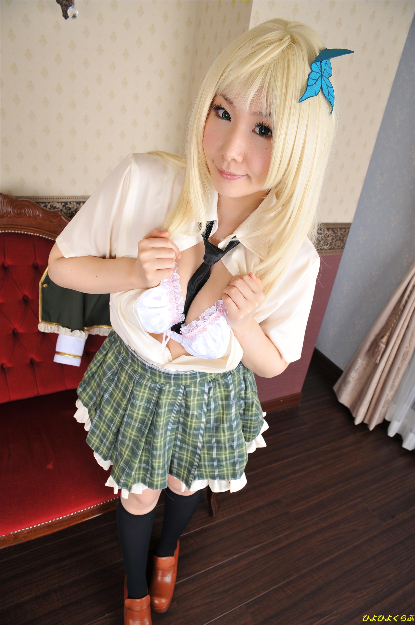 asian blonde_hair breasts clothed clothed_female cosplay female high_heels long_hair necktie shoes skirt socks solo watermark