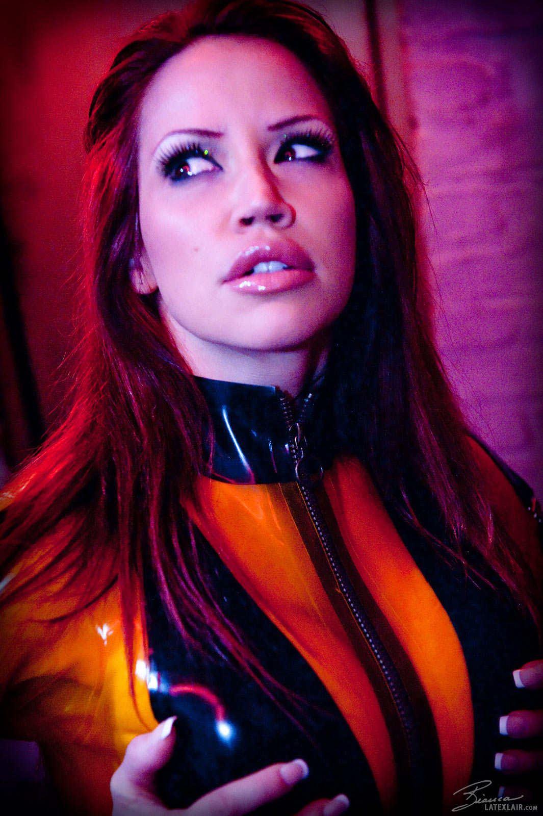 bianca_beauchamp breasts female large_breasts latex long_hair red_hair solo watermark