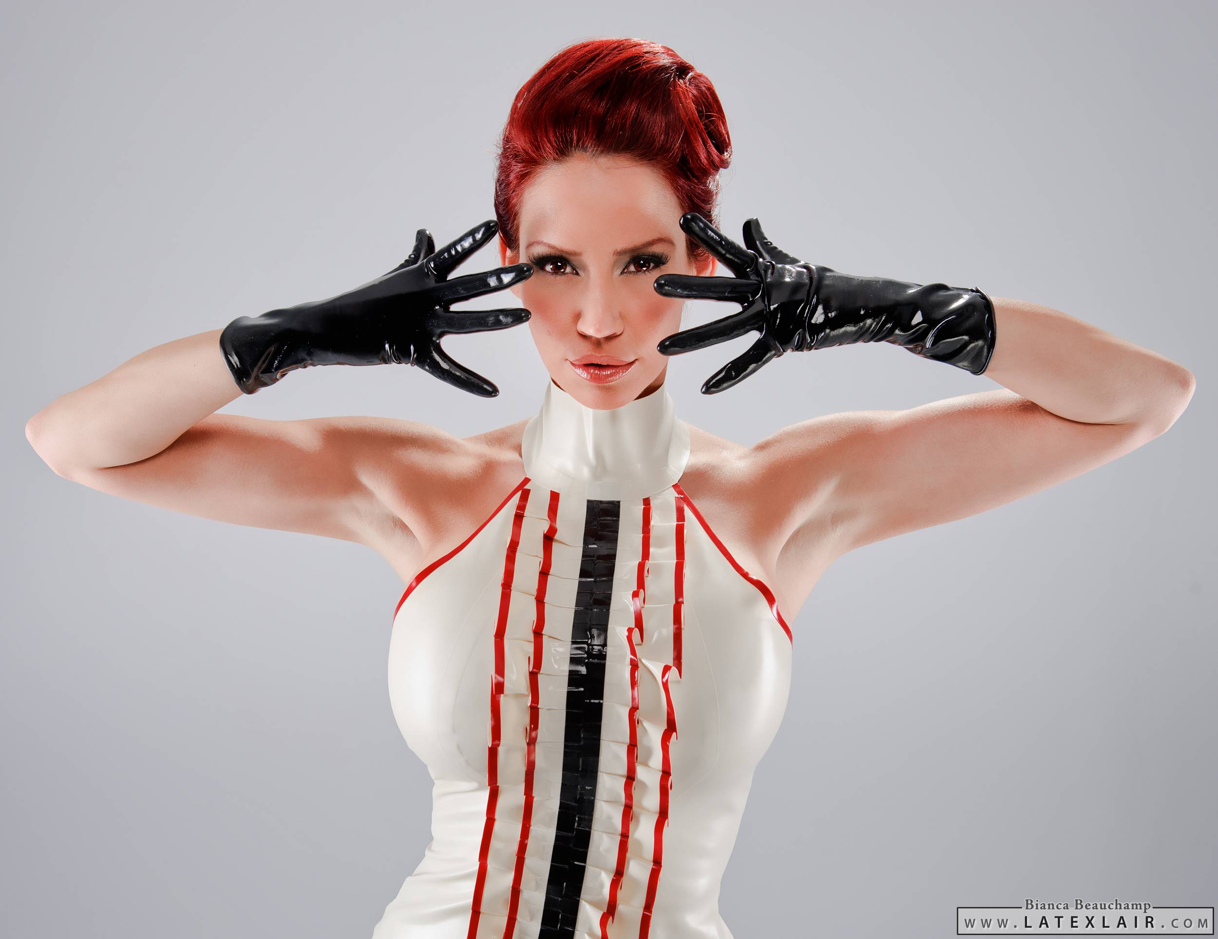 bianca_beauchamp breasts dress female gloves high_heels large_breasts latex long_hair red_hair shoes simple_background solo watermark