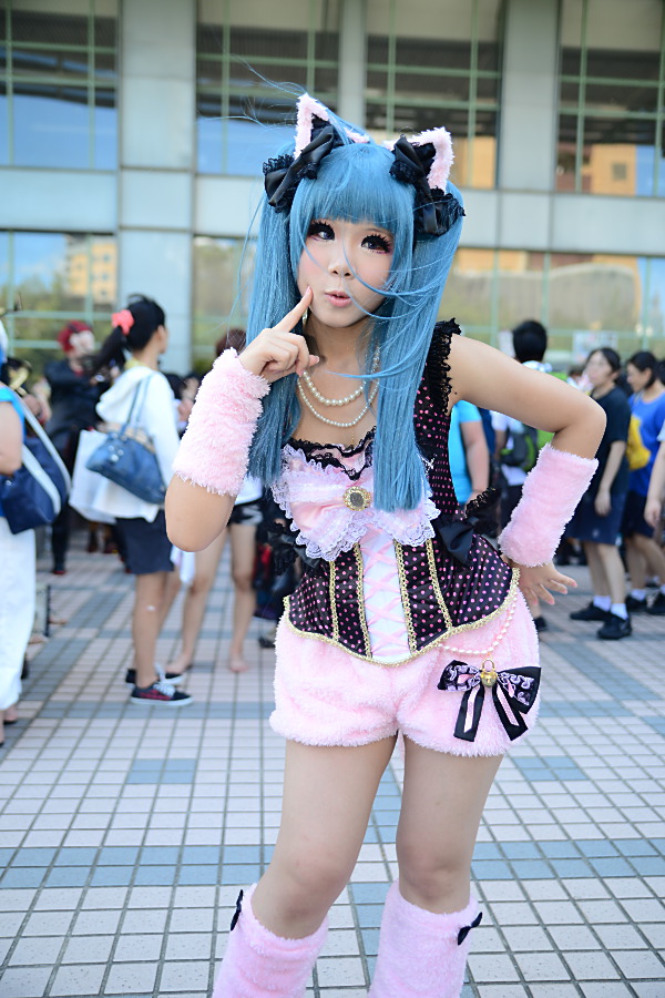 animal_ears aqua_hair asian breasts cosplay female finger_to_mouth long_hair outside shorts solo