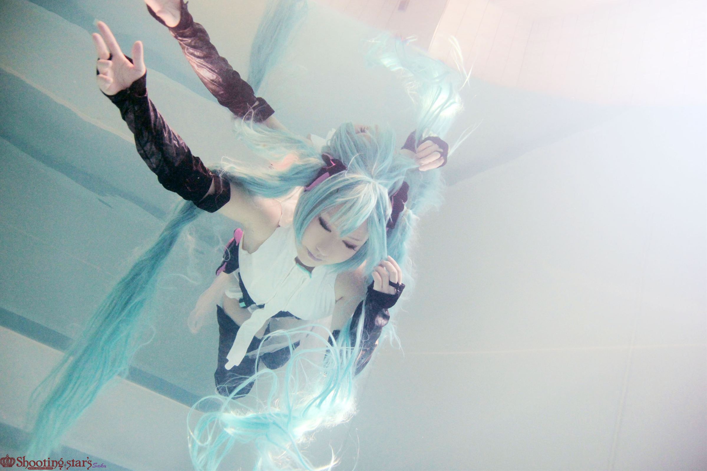 aqua_hair asian breasts cosplay elbow_gloves female gloves long_hair pigtails shooting_star solo watermark