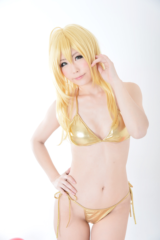 1girl asian bikini blonde_hair breasts cosplay female hoshii_miki idolmaster long_hair solo