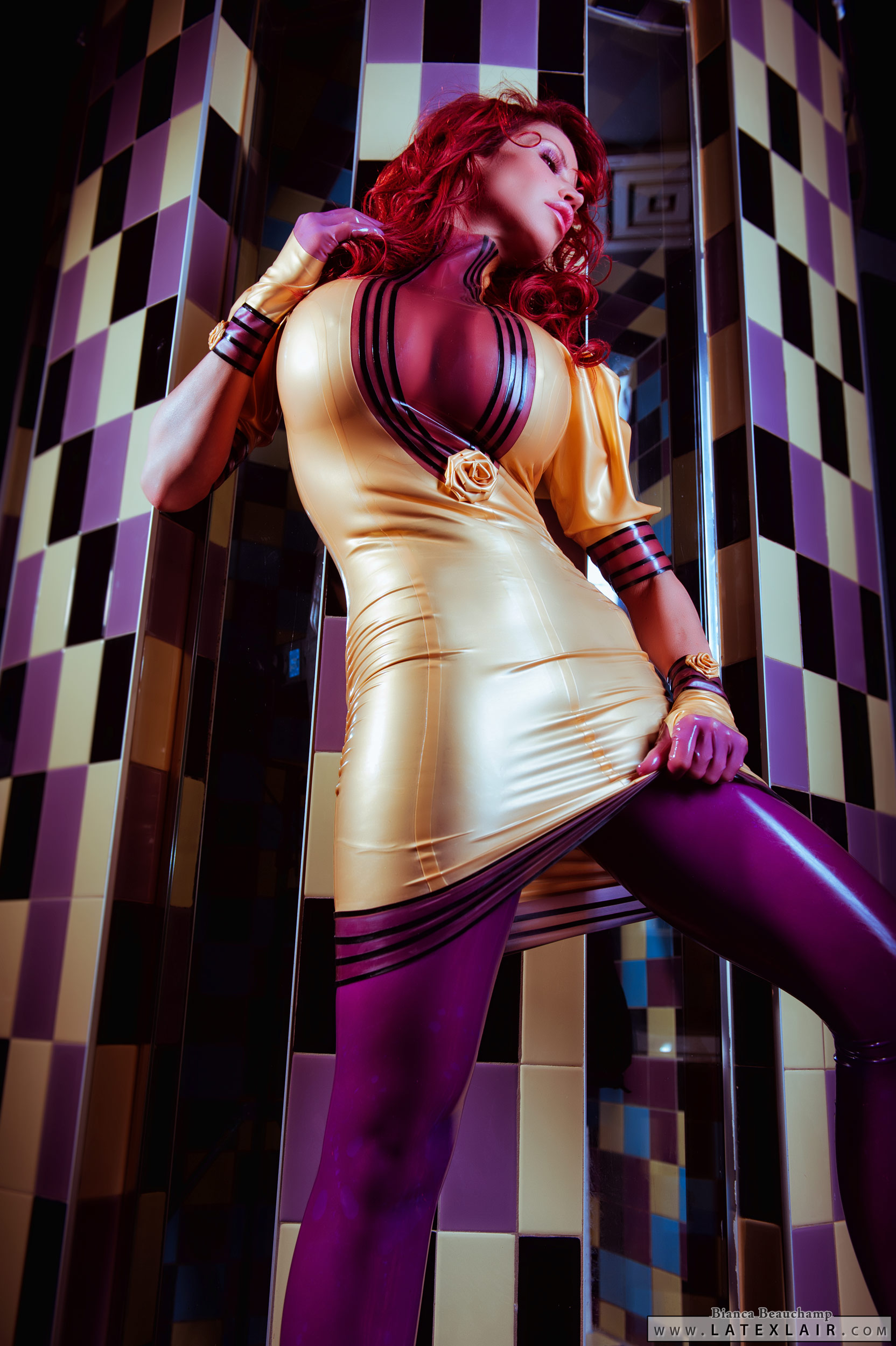 bianca_beauchamp breasts dress female gloves high_heels large_breasts latex lipstick makeup shoes solo watermark
