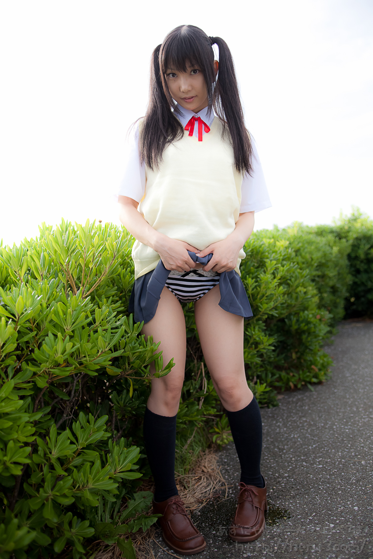 1girl asian black_hair breasts cosplay female japanese k-on! lenfried lifted_by_self long_hair nakano_azusa outside panties pigtails school_uniform skirt_lift solo twintails watermark