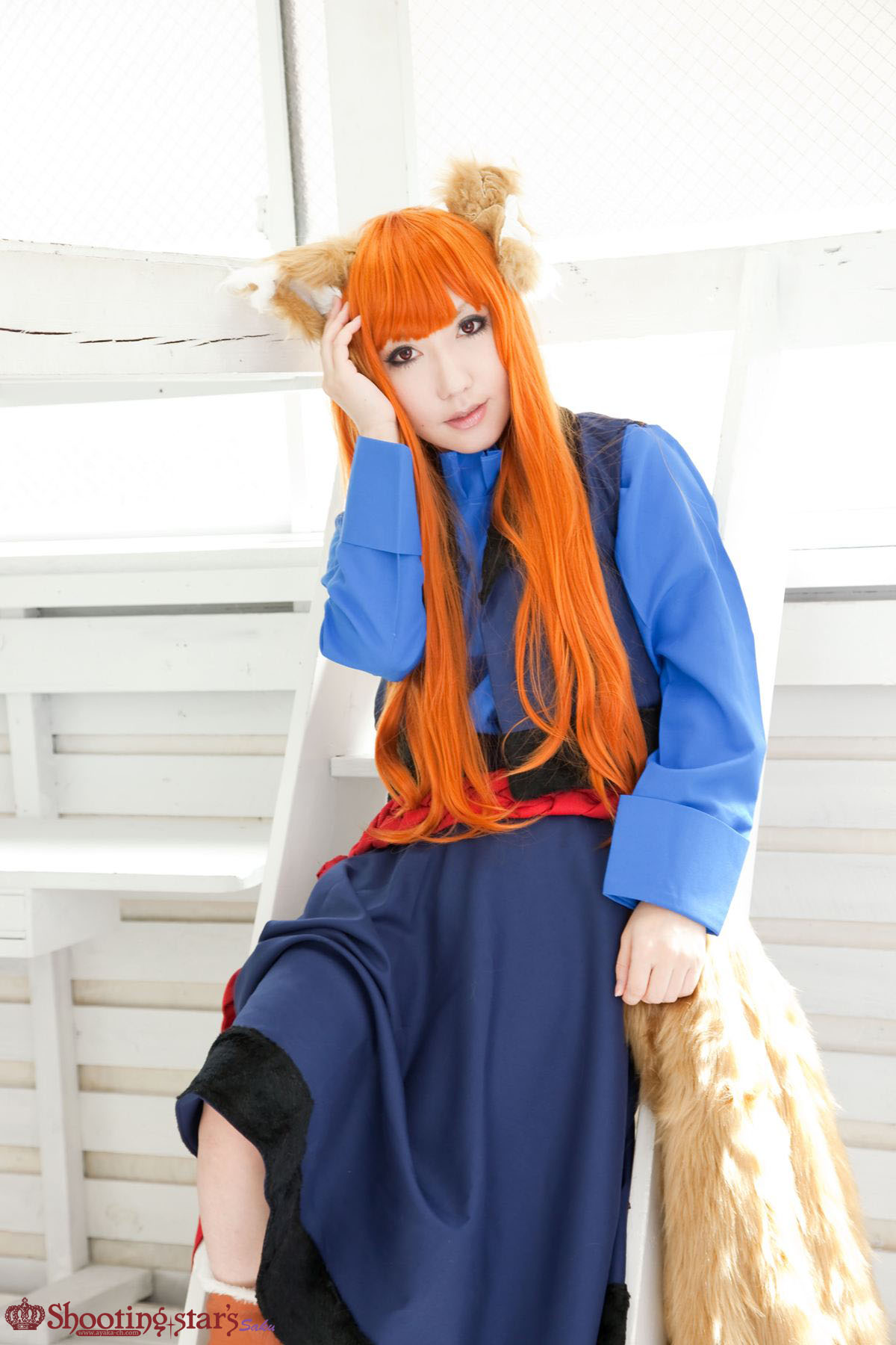 animal_ears asian breasts cosplay female long_hair orange_hair shooting_star solo watermark