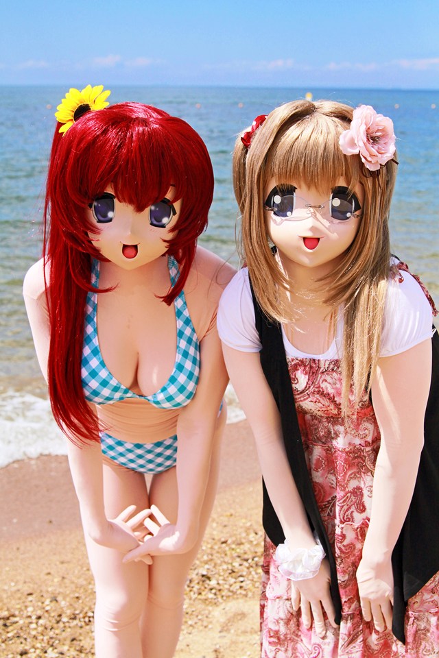2girls breasts cosplay female kigurumi long_hair outside