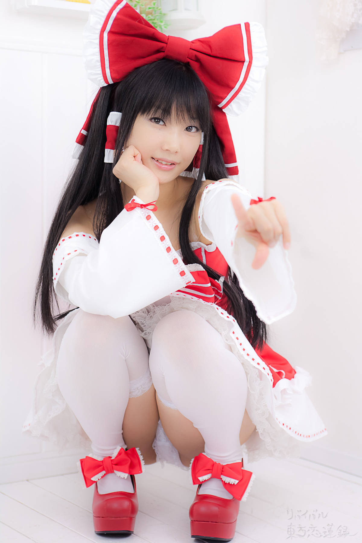 asian black_hair breasts cosplay dress female long_hair panties shoes solo thighhighs