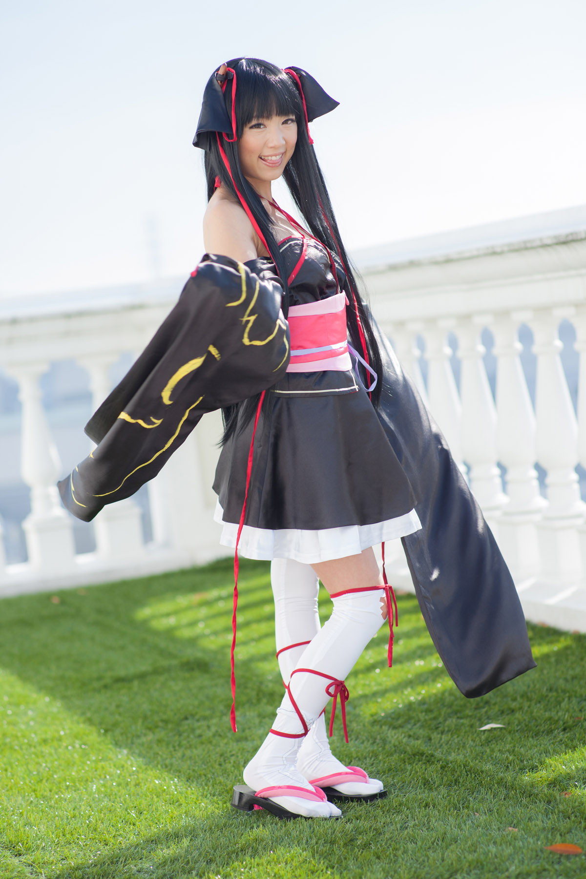 asian bare_shoulders black_hair breasts cosplay dress female long_hair shoes socks solo