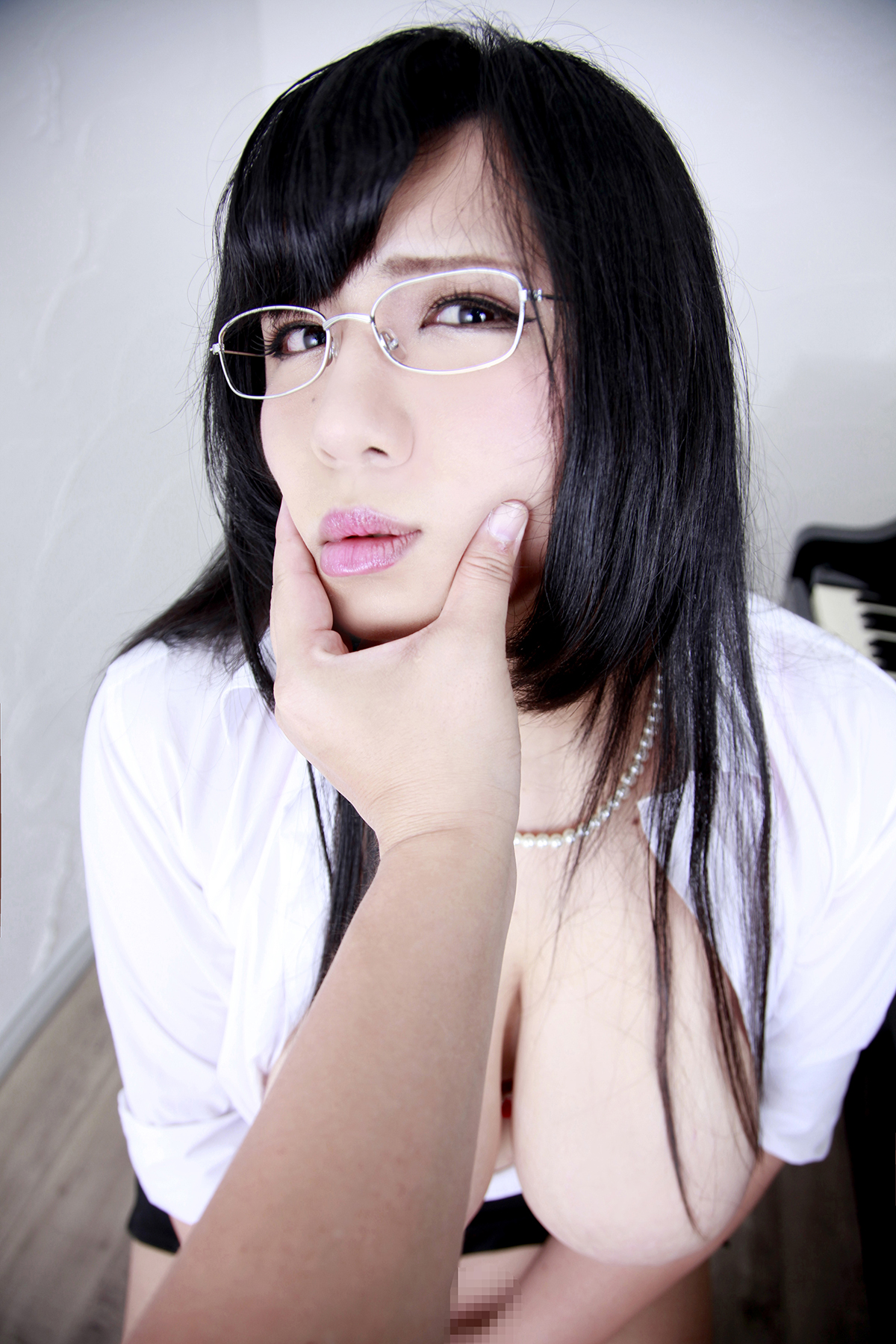 asian black_hair breasts chouzuki_maryou female glasses high_heels huge_breasts long_hair plump shoes solo
