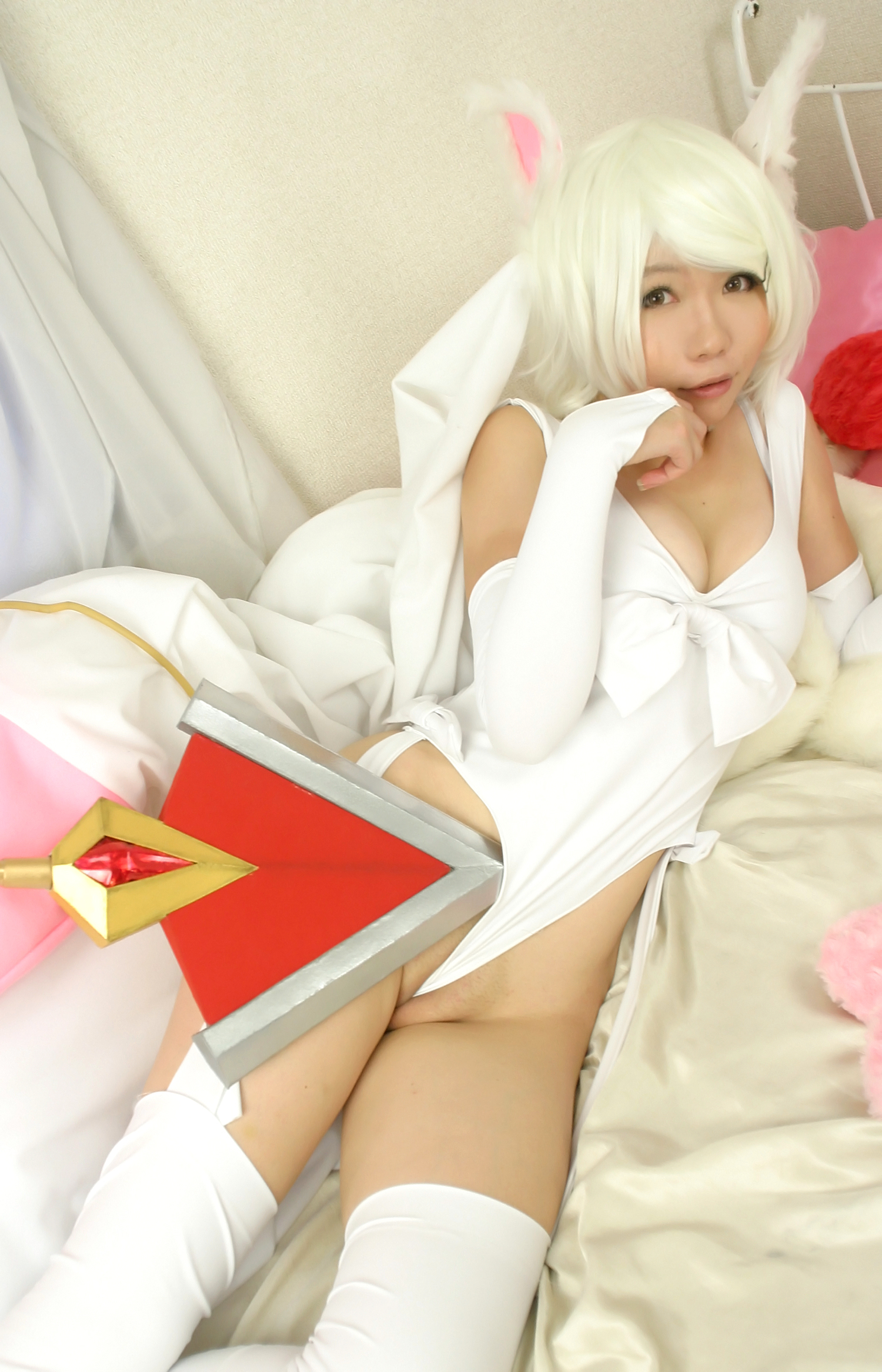 asian bed breasts cleavage cosplay female leotard short_hair solo stuffed_toy thighhighs white_hair