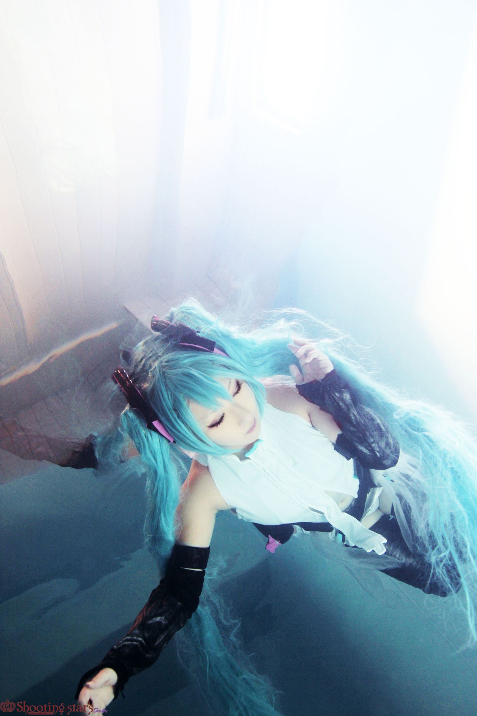 aqua_hair asian breasts cosplay elbow_gloves female gloves long_hair pigtails shooting_star solo watermark