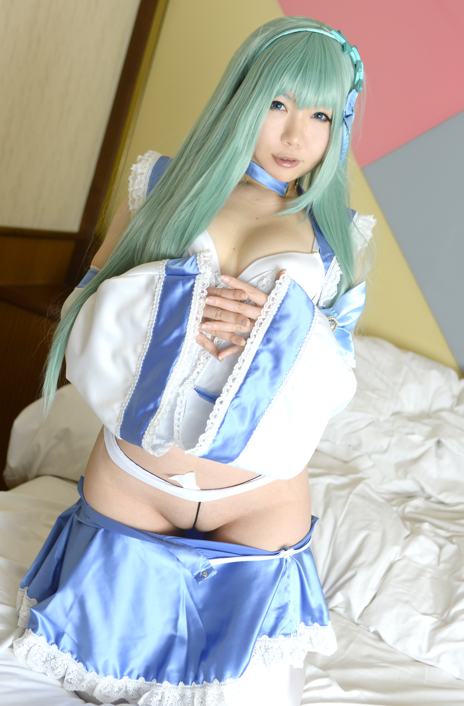 asian bed breasts female green_hair hairband higurashi_rin long_hair socks solo watermark