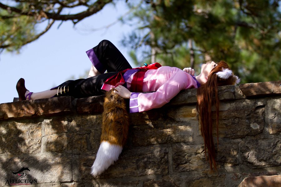 1girl breasts cosplay female holo long_hair lying outside solo spice_and_wolf tagme