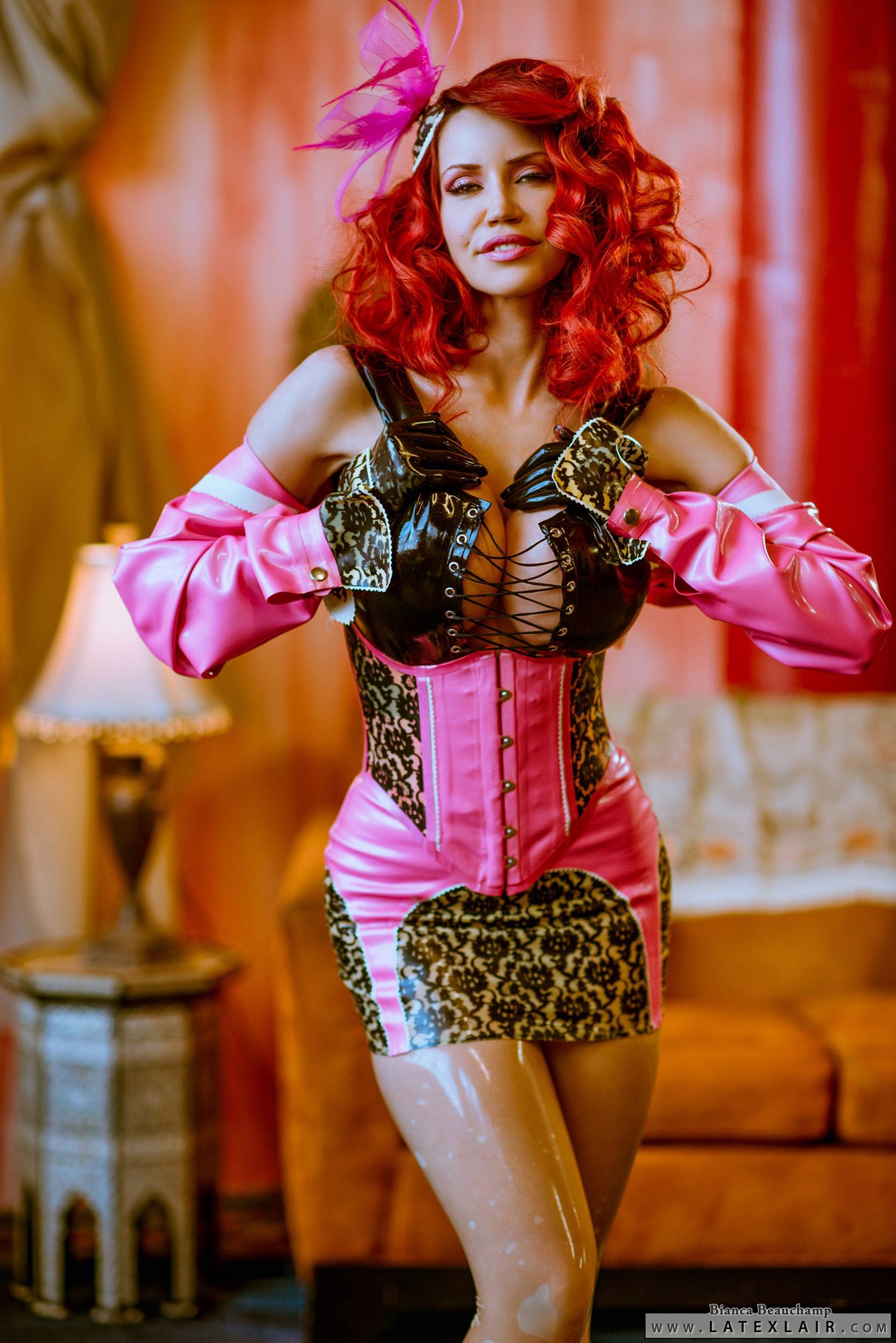 bianca_beauchamp breasts cleavage corset female gloves high_heels large_breasts latex long_hair red_hair shoes skirt solo watermark