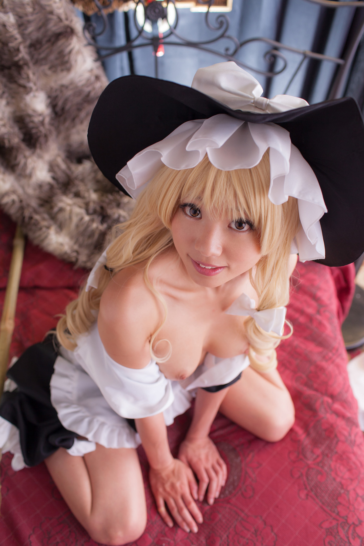 asian bed blonde_hair breasts cosplay dress erect_nipples female hat long_hair nipples shoes socks solo