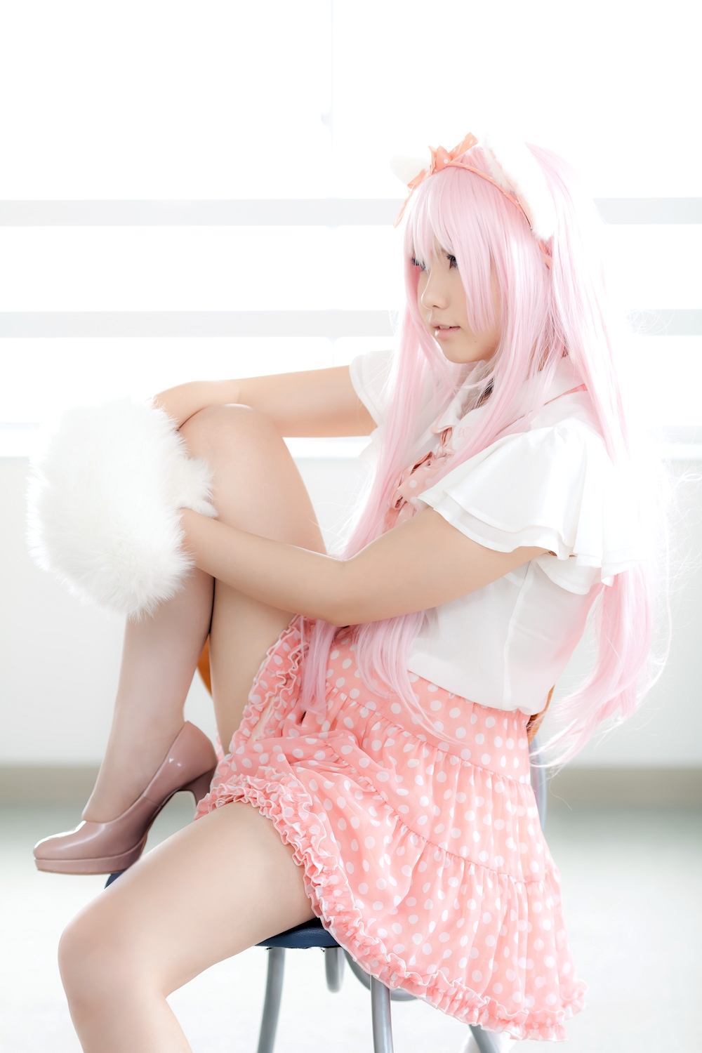 animal_ears asian breasts cosplay enako female long_hair pink_hair solo