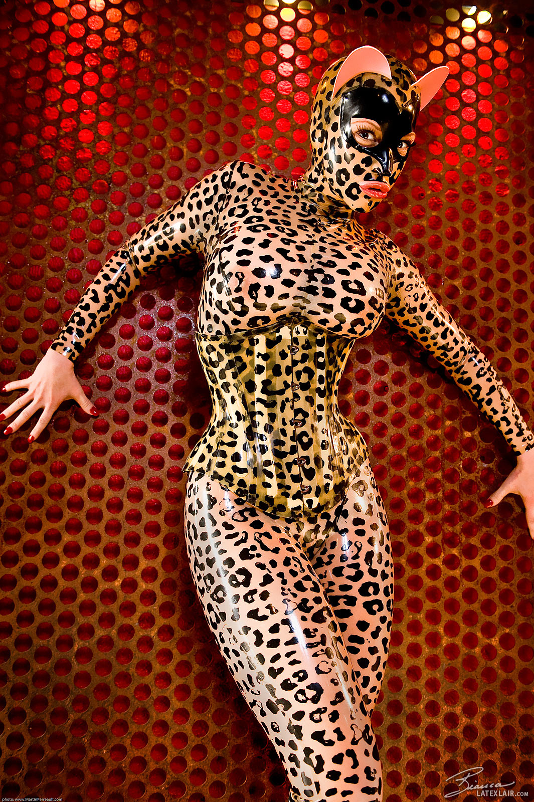 animal_ears bianca_beauchamp breasts catsuit corset female large_breasts latex leopard_print long_hair red_hair solo