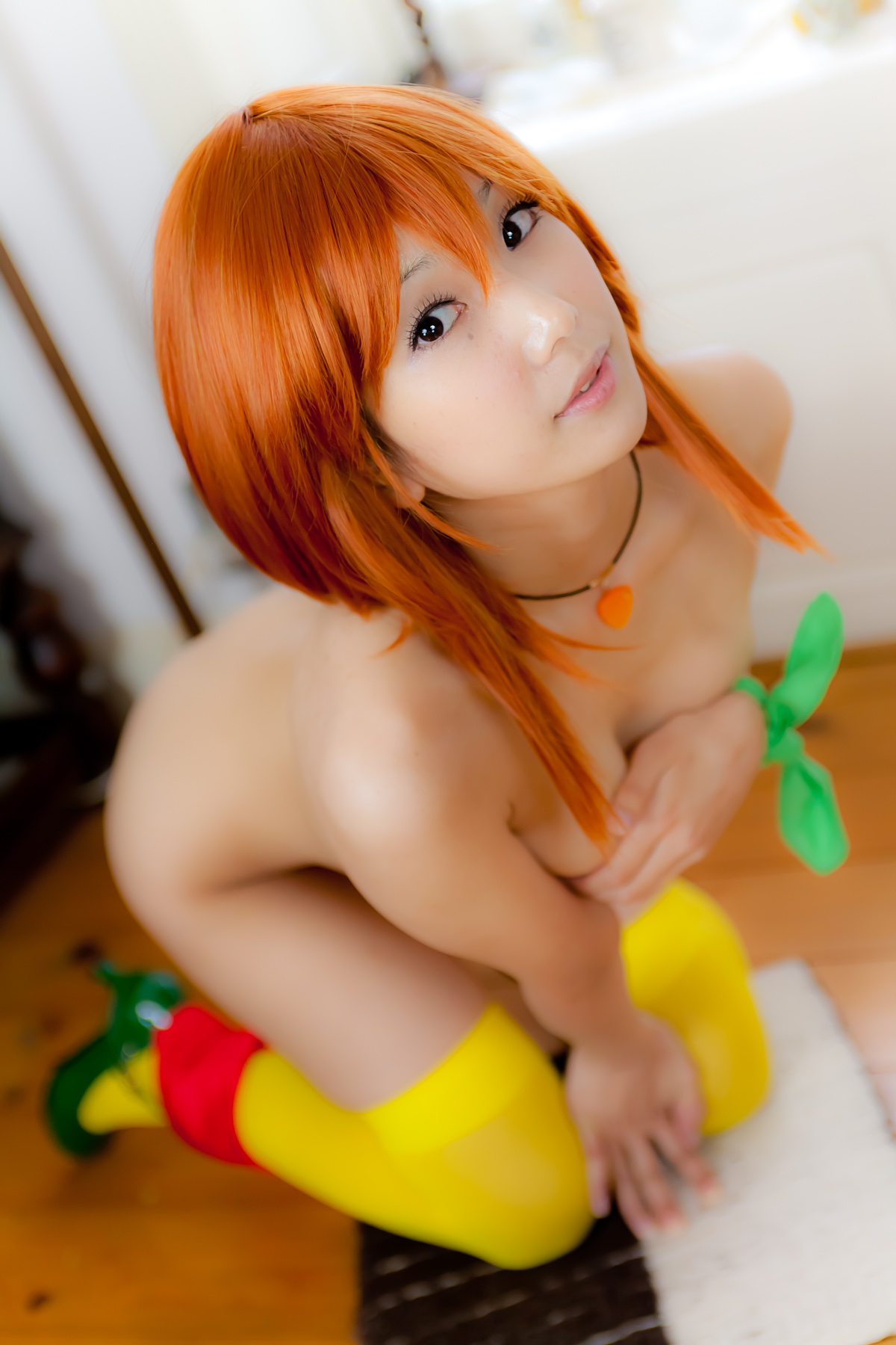 asian breasts cosplay erect_nipples female high_heels long_hair necklace nipples nude orange_hair shoes solo thighhighs