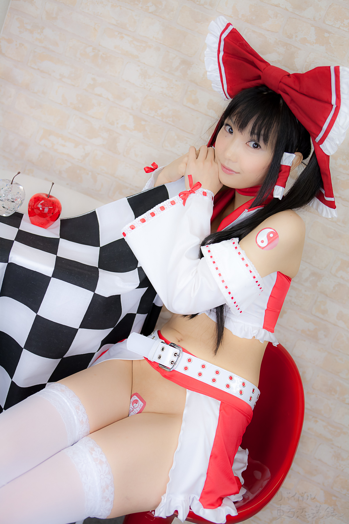 asian belt black_hair breasts cosplay female high_heels long_hair midriff shoes solo thighhighs