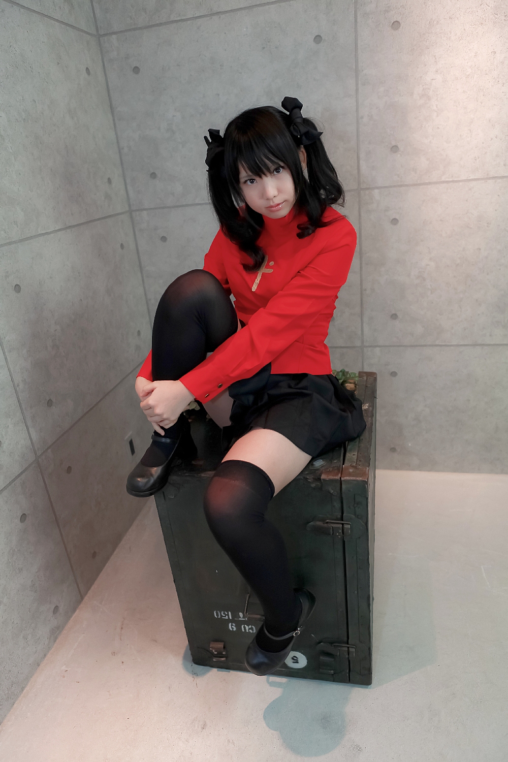asian black_hair breasts cosplay enako female high_heels long_hair pigtails shoes skirt solo thighhighs
