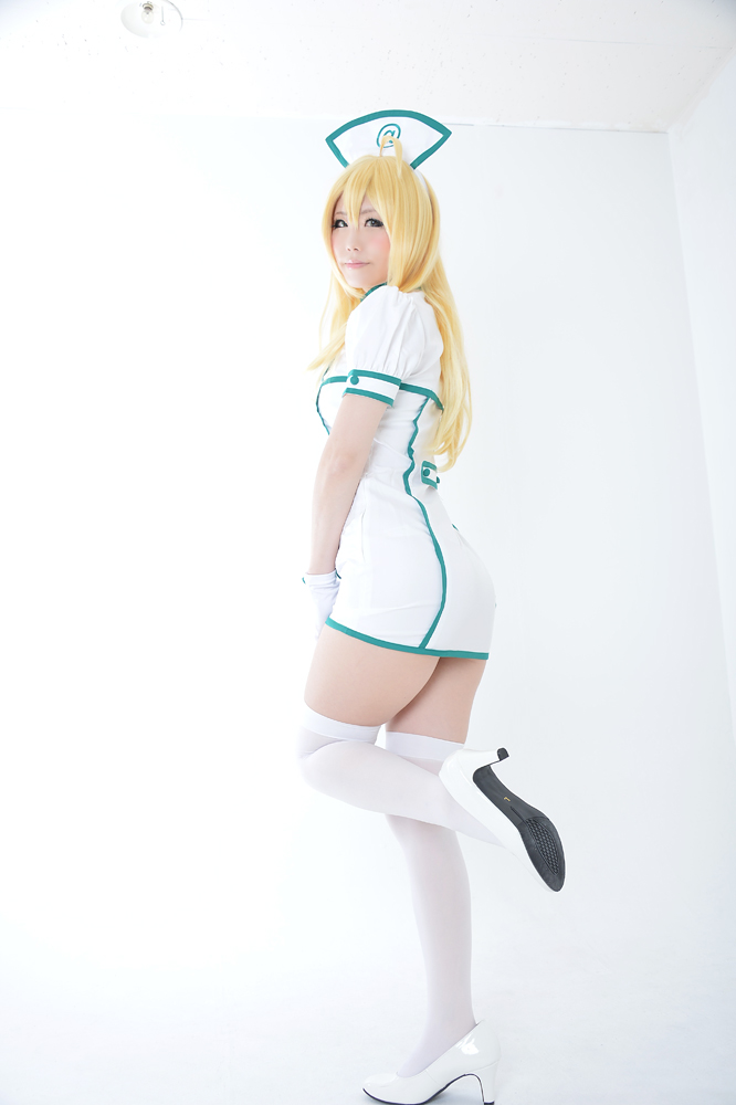 1girl asian blonde_hair breasts cosplay female hoshii_miki idolmaster long_hair nurse nurse_outfit solo