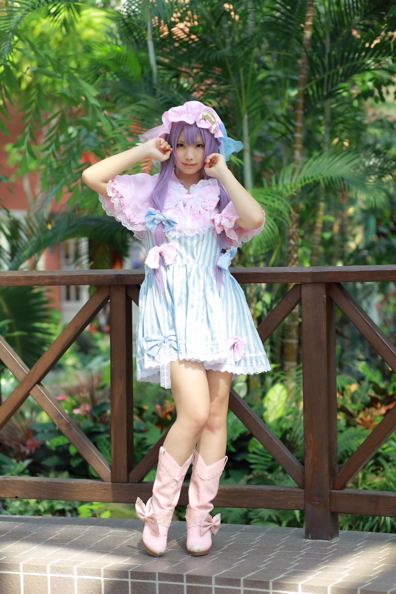 asian boots breasts dress enako female hat high_heels long_hair purple_hair solo
