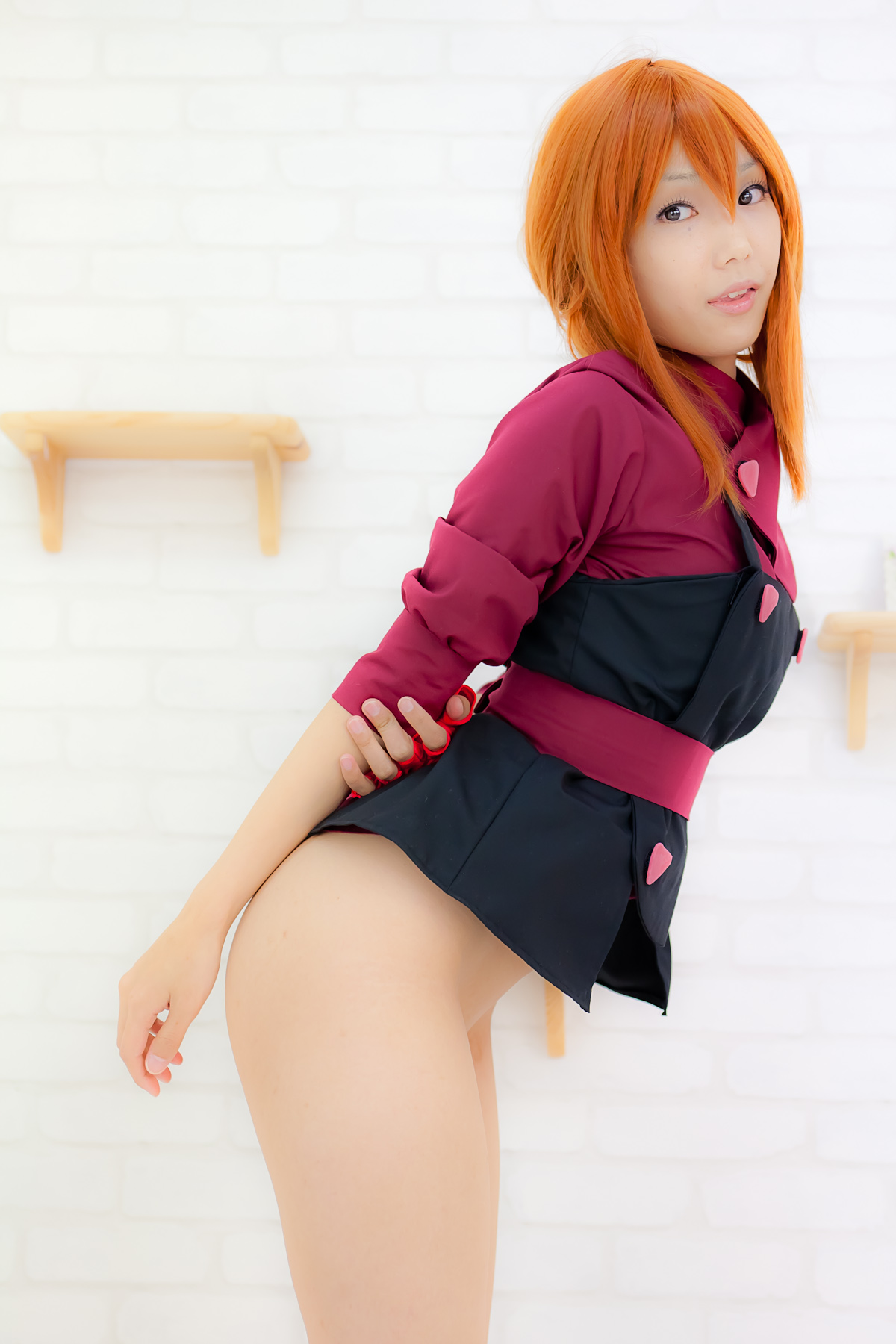 apron asian belt breasts cosplay female long_hair orange_hair sandals shoes solo