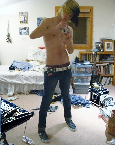 abs dyed_hair gay jeans male multicolored_hair pale_skin photo self_shot twink