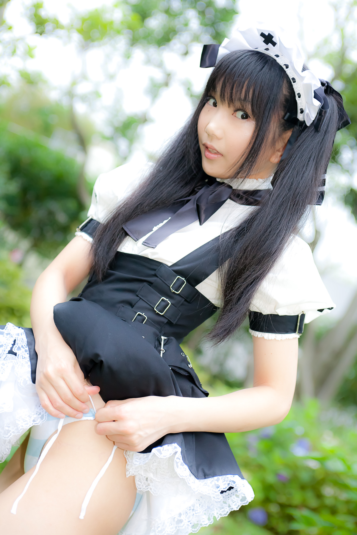 asian black_hair breasts female high_heels long_hair shoes solo thighhighs twintails