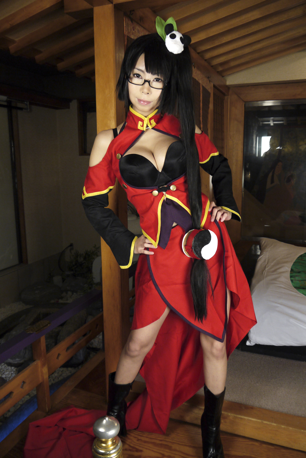 1girl ashiya_noriko asian black_hair blazblue breasts cleavage cosplay female glasses high_heels japanese large_breasts litchi_faye_ling long_hair ponytail shoes solo
