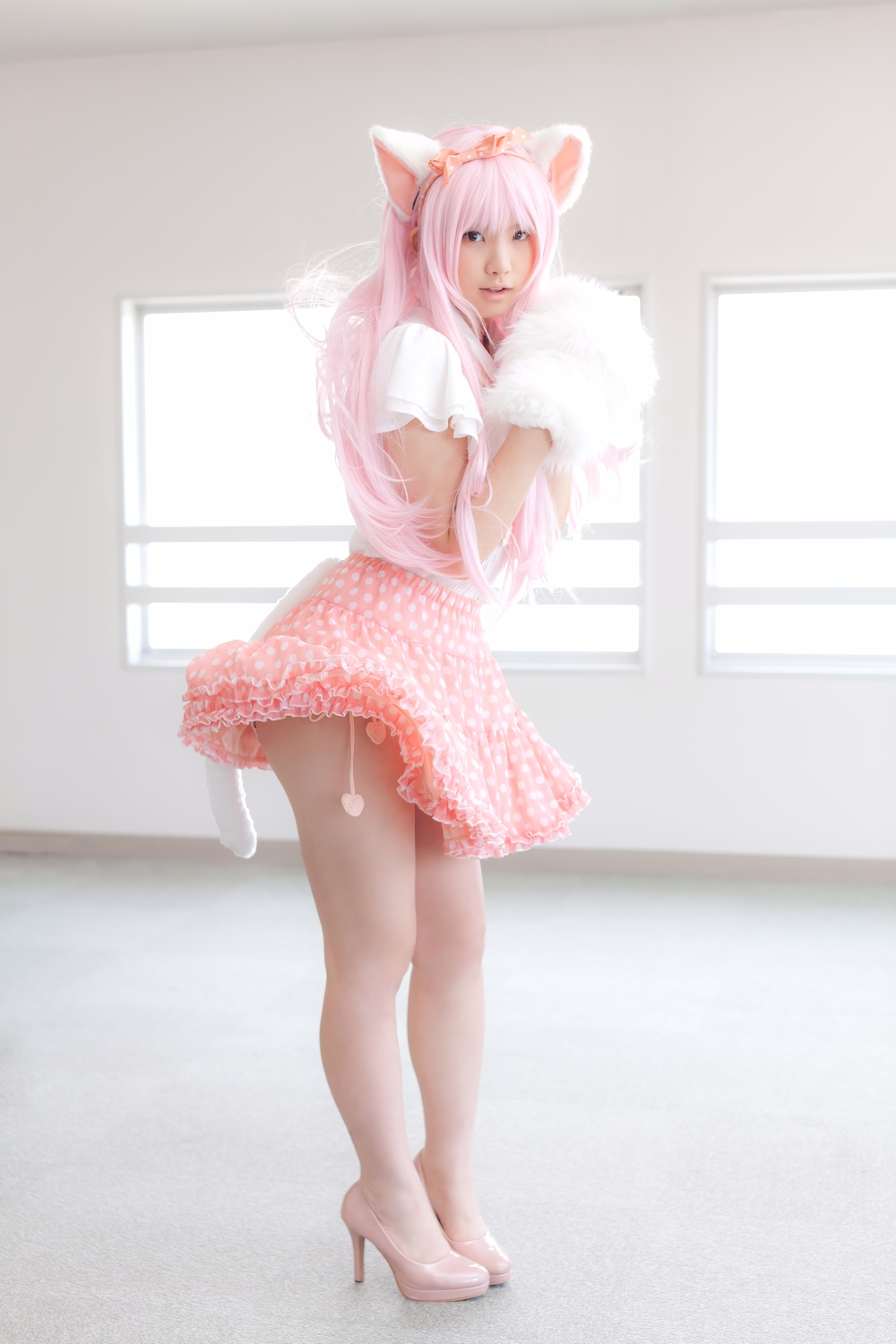 animal_ears asian breasts cosplay enako female long_hair pink_hair solo