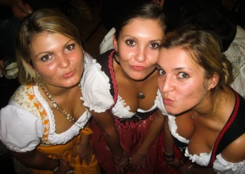 3girls bavaria blonde_hair breasts cleavage dirndl dress duck_face female german multiple_girls oktoberfest short_hair